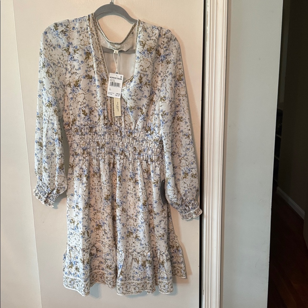 NWT Max Studio XL Women’s Cream Floral Long Sleeve Ruffle Smocked Waist Dress
